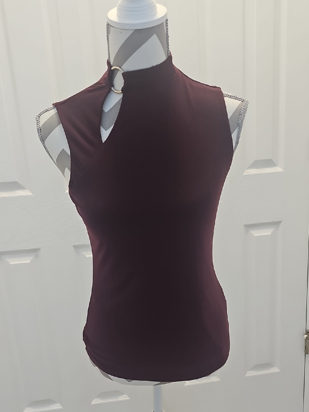 Sleeveless Mock Neck Tank with Ring Detail - Burgundy